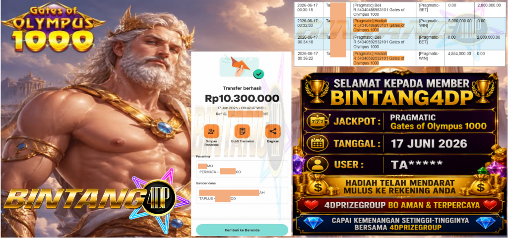 BINTANG4DP JACKPOT PRAGMATIC βGates of Olympus 1000β Rp10.300.000,- LUNAS
