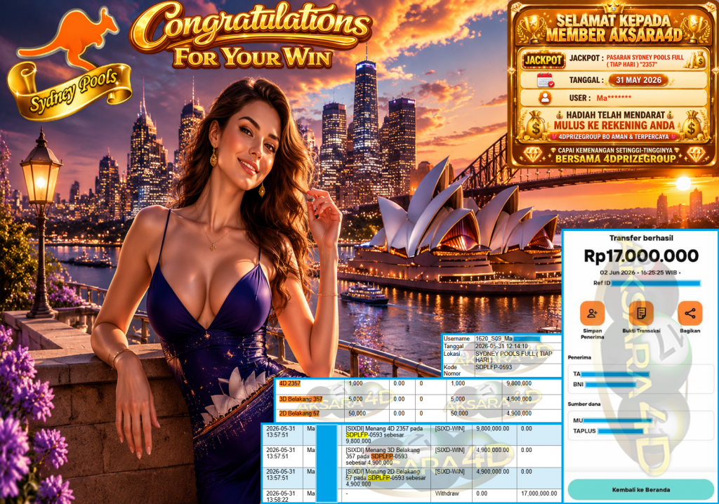 AKSARA4D JACKPOT PASARAN ” SYDNEY POOLS FULL ( TIAP HARI ) ”2357″ ” Rp 17,000,000,- LUNAS