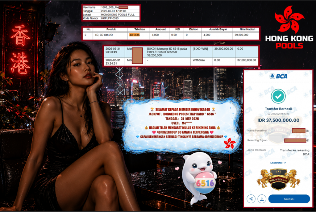 INDOVEGAS4D JACKPOT HONGKONG POOLS (TIAP HARI) ” 6516 ” Rp 37.500.000,- LUNAS