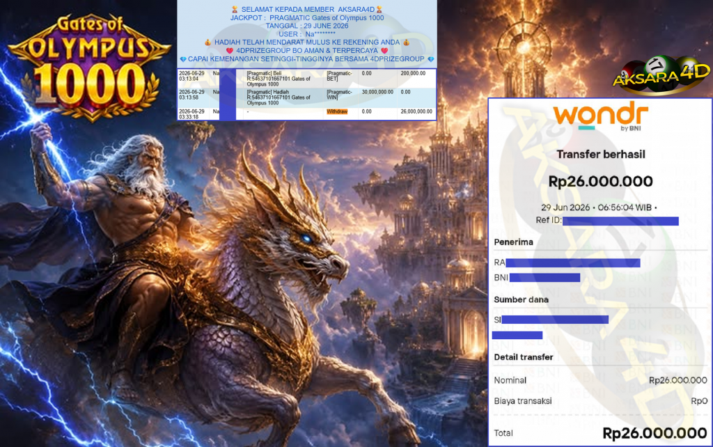 AKSARA4D JACKPOT PRAGMATIC ” Gates of Olympus 1000 ” Rp 26,000,000,- LUNAS