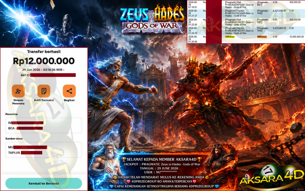 AKSARA4D JACKPOT PRAGMATIC ” Zeus vs Hades – Gods of War ” Rp 12,000,000,- LUNAS