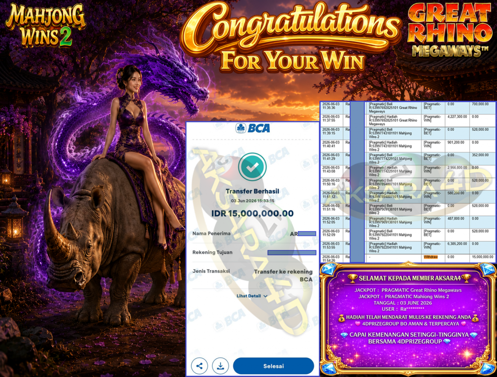 AKSARA4D JACKPOT PRAGMATIC ”Great Rhino Megaways”Mahjong Wins 2” Rp 15,000,000,- LUNAS