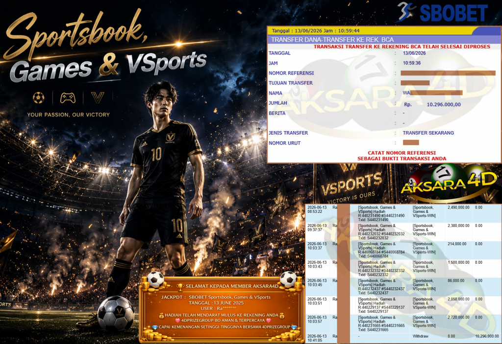 AKSARA4D JACKPOT SBOBET β Sportsbook, Games & VSports β Rp 10,296,000,- LUNAS
