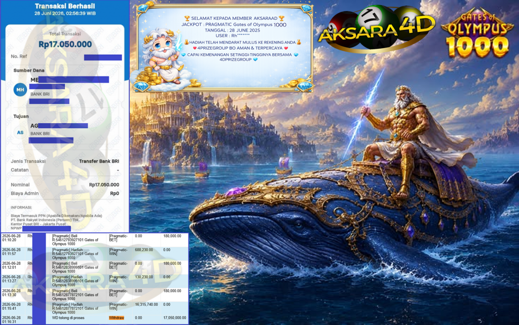 AKSARA4D JACKPOT PRAGMATIC ” Gates of Olympus 1000 ” Rp 17,050,000,- LUNAS