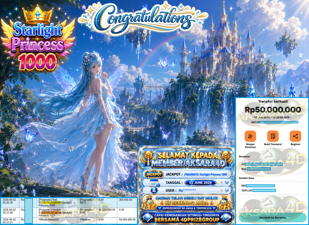 AKSARA4D JACKPOT PRAGMATIC ” Starlight Princess 1000 ” Rp 50,000,000,- LUNAS