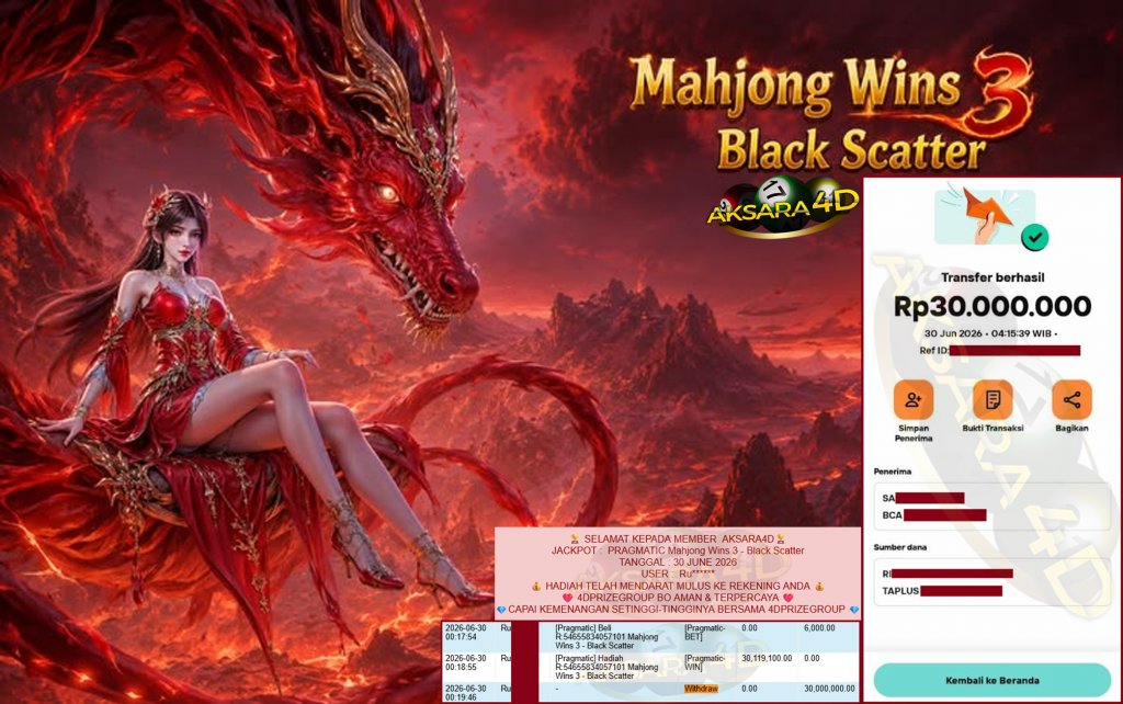 AKSARA4D JACKPOT PRAGMATIC ” Mahjong Wins 3 – Black Scatter ” Rp 30,000,000,- LUNAS