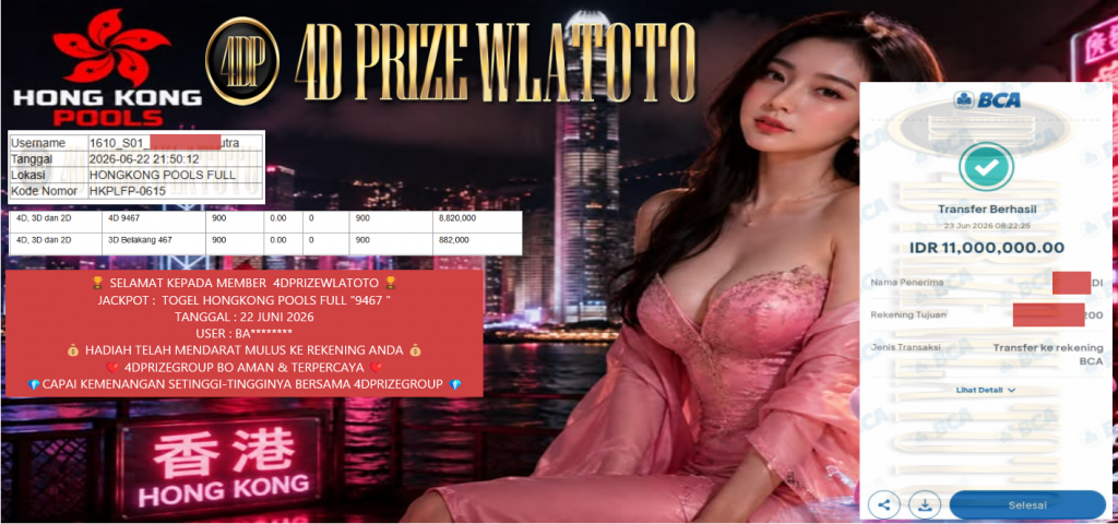 4DPRIZEWLATOTO JACKPOT TOGEL HONGKONG POOLS FULL “9467 ” Rp11.000.000,- LUNAS