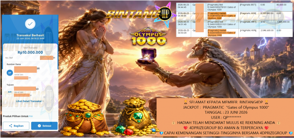 BINTANG4DP JACKPOT PRAGMATIC “Gates of Olympus 1000” Rp10.000.000,- LUNAS