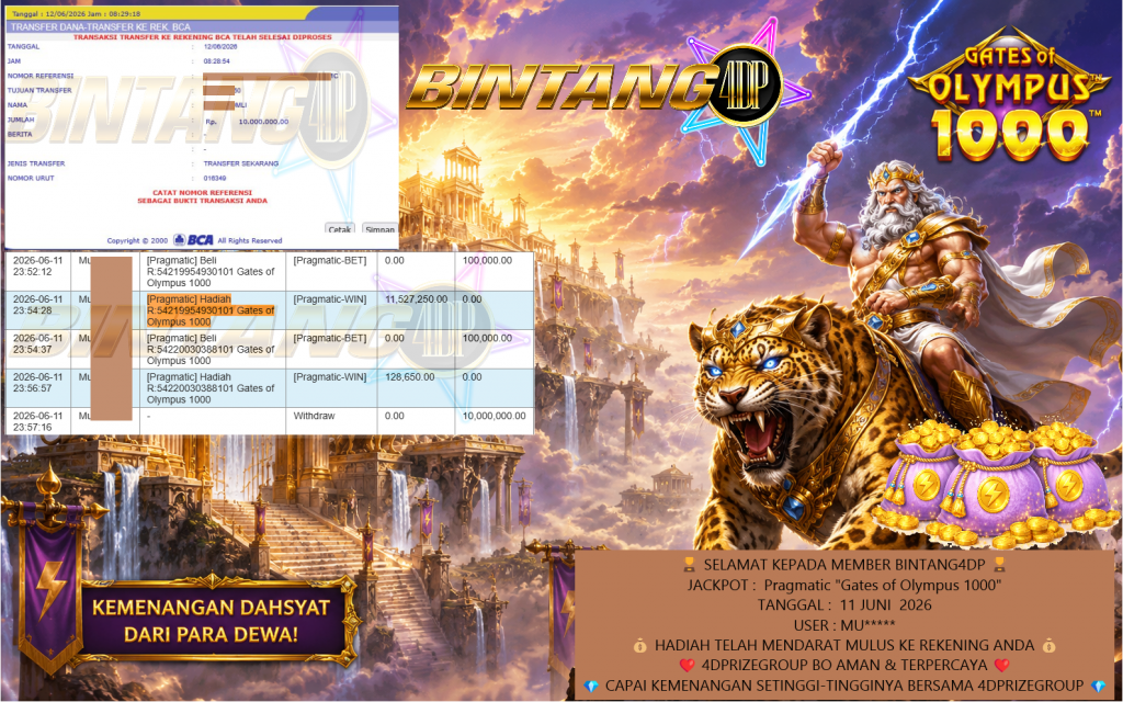 BINTANG4DP JACKPOT Pragmatic “Gates of Olympus 1000” Rp10.000.000,- LUNAS
