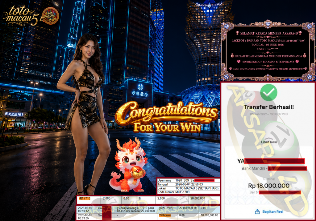 AKSARA4D JACKPOT PASARAN β TOTO MACAU 5 (SETIAP HARI) β 7710 β β Rp 18,000,000,- LUNAS