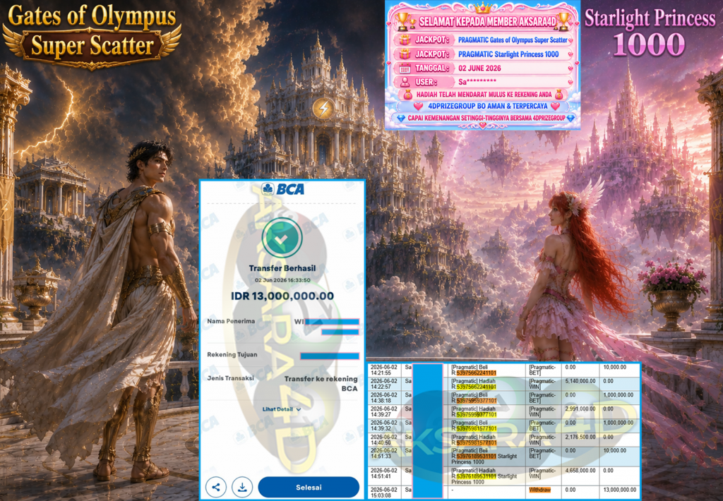 AKSARA4D JACKPOT PRAGMATIC ”Gates of Olympus Super Scatter ” Starlight Princess 1000” Rp 13,000,000,- LUNAS