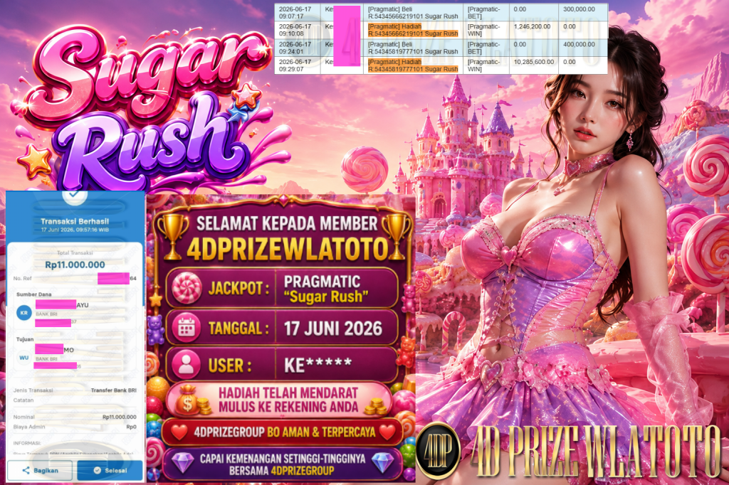 4DPRIZEWLATOTO JACKPOT PRAGMATIC “Sugar Rush” Rp11.000.000,- LUNAS