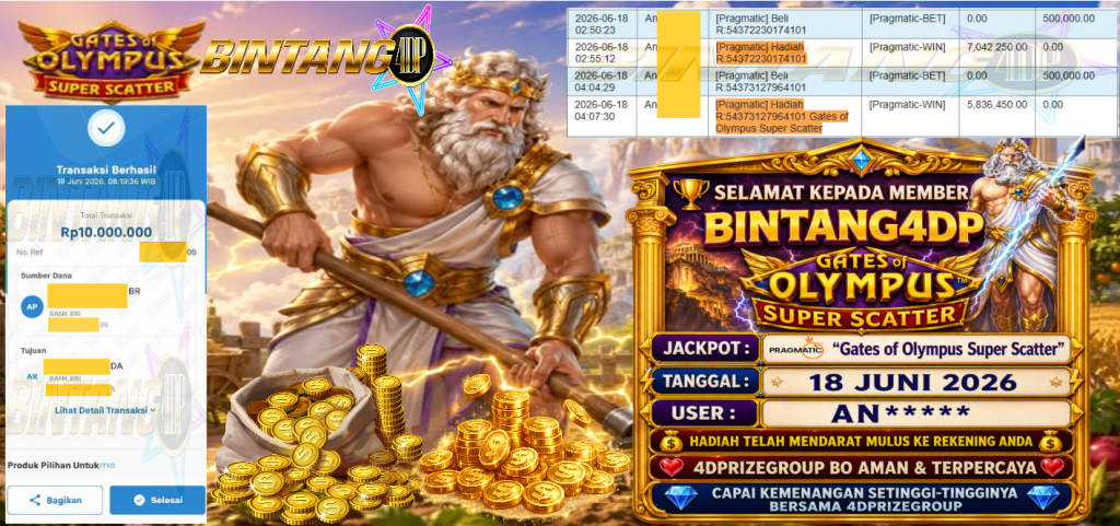 BINTANG4DP JACKPOT PRAGMATIC βGates of Olympus Super Scatterβ Rp10.000.000,- LUNAS
