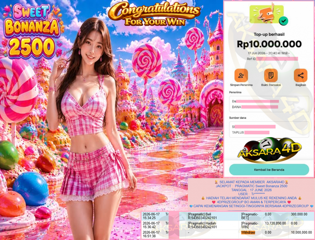 AKSARA4D JACKPOT PRAGMATIC ” Sweet Bonanza 2500 ” Rp 10,000,000,- LUNAS