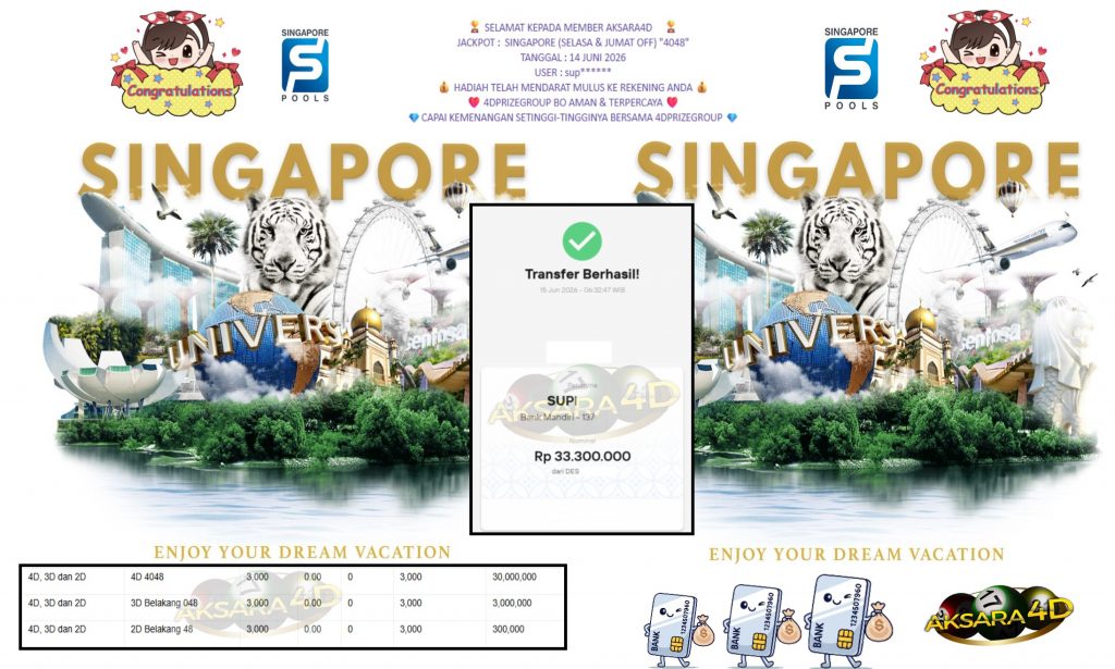 AKSARA4D JACKPOT SINGAPORE (SELASA & JUMAT OFF) β4048β Rp33.300.000,- LUNAS