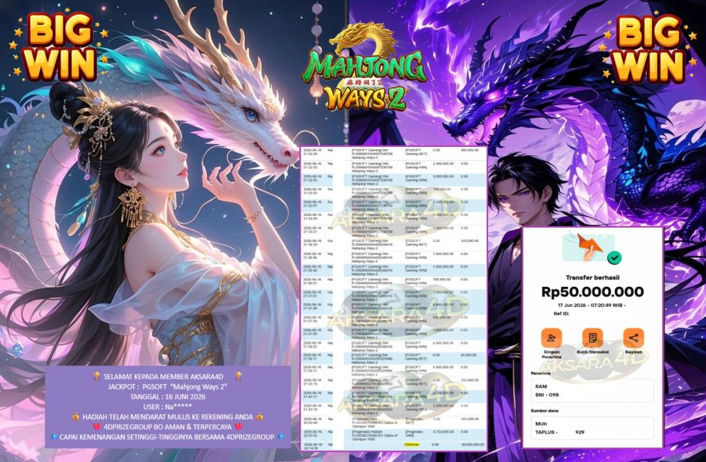 AKSARA4D JACKPOT PGSOFT “Mahjong Ways 2” Rp50.000.000,- LUNAS