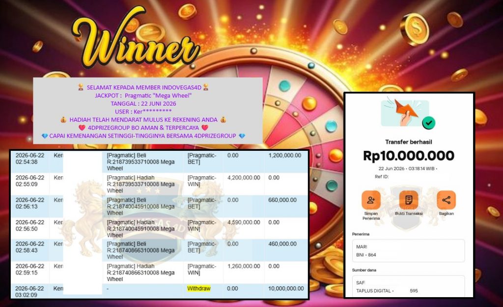 INDOVEGAS4D JACKPOT Pragmatic “Mega Wheel” Rp10.000.000,- LUNAS