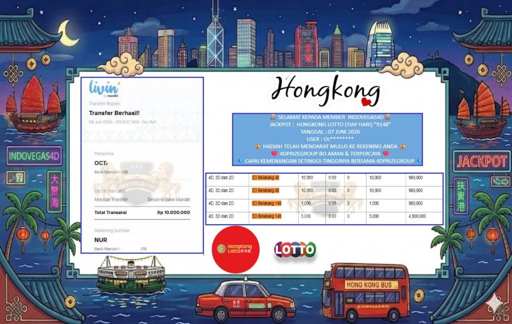 INDOVEGAS4D JACKPOT HONGKONG LOTTO (TIAP HARI) “9148” Rp10.000.000,- LUNAS