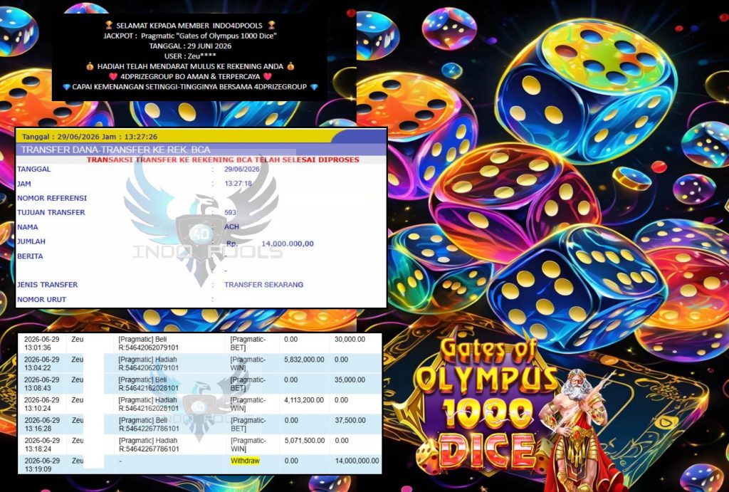 INDO4DPOOLS JACKPOT Pragmatic “Gates of Olympus 1000 Dice” Rp14.000.000,- LUNAS