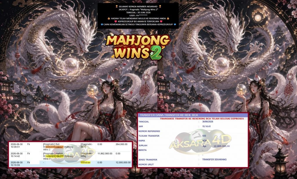 AKSARA4D JACKPOT PRAGMATIC βMahjong Wins 2β Rp12.000.000,- LUNAS