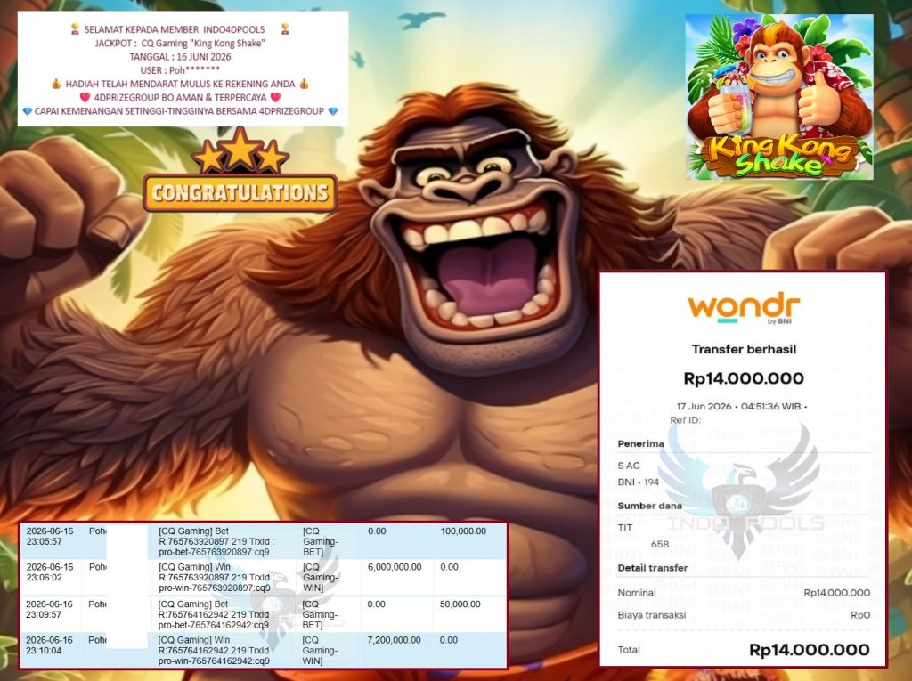 INDO4DPOOLS JACKPOT CQ Gaming “King Kong Shake” Rp14.000.000,- LUNAS