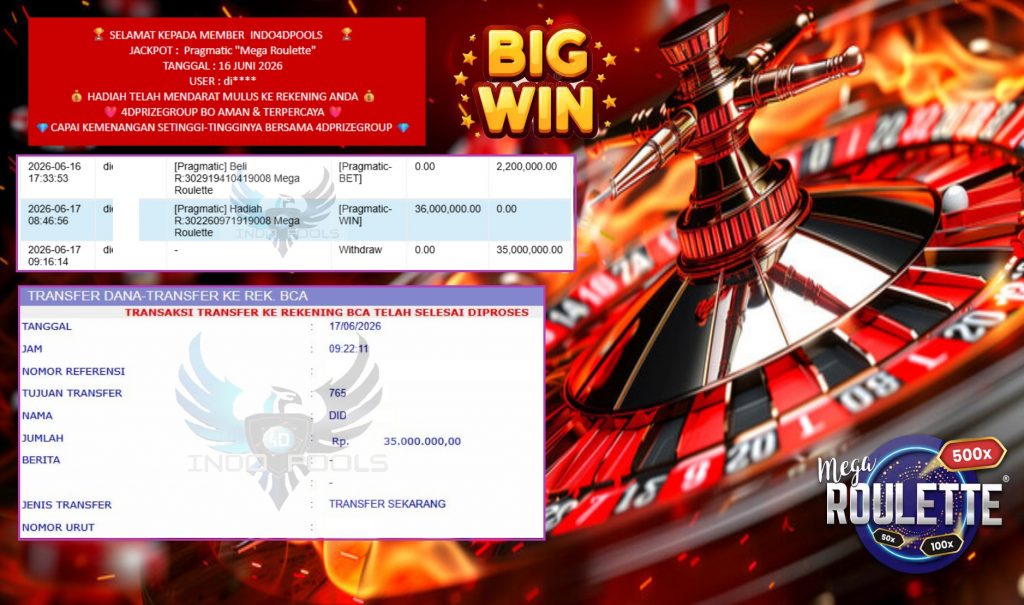 INDO4DPOOLS JACKPOT Pragmatic βMega Rouletteβ Rp35.000.000,- LUNAS