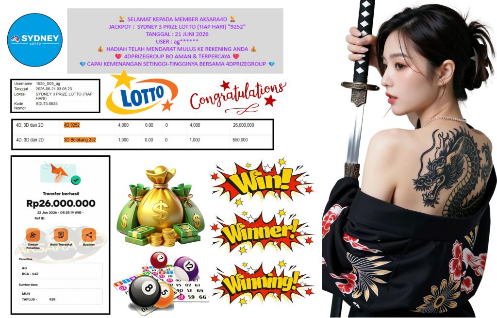 AKSARA4D JACKPOT SYDNEY 3 PRIZE LOTTO (TIAP HARI) “9252” Rp26.000.000,- LUNAS