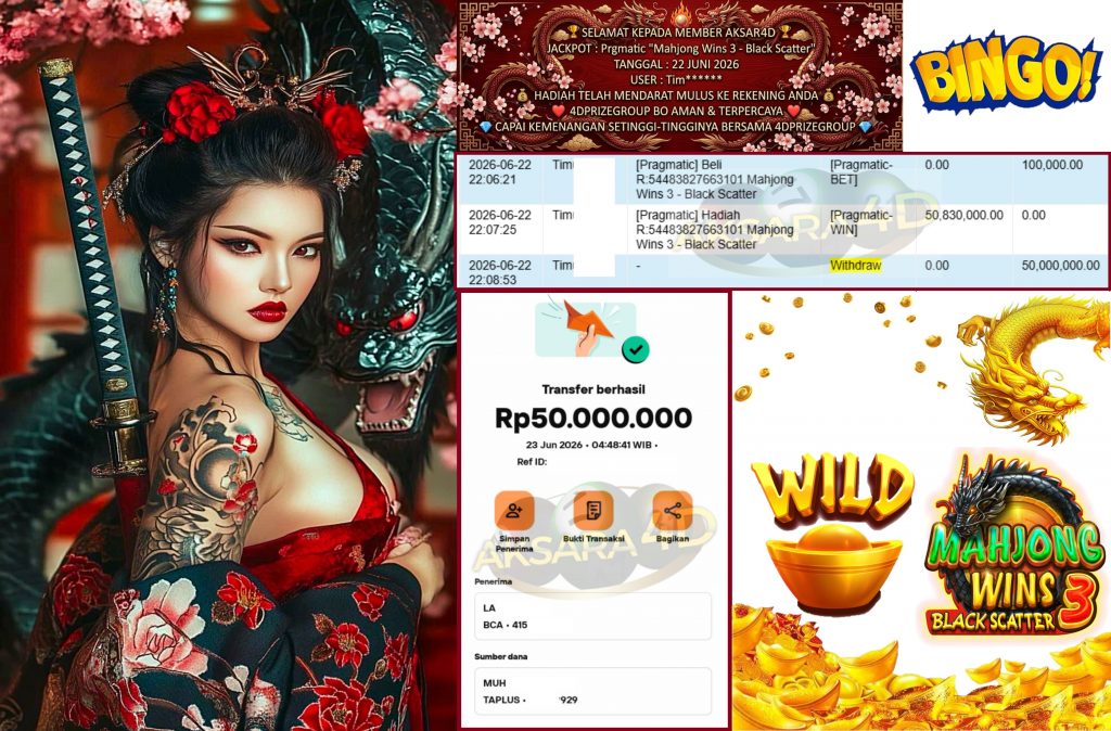 AKSARA4D JACKPOT Pragmatic “Mahjong Wins 3 – Black Scatter” Rp50.000.000,- LUNAS