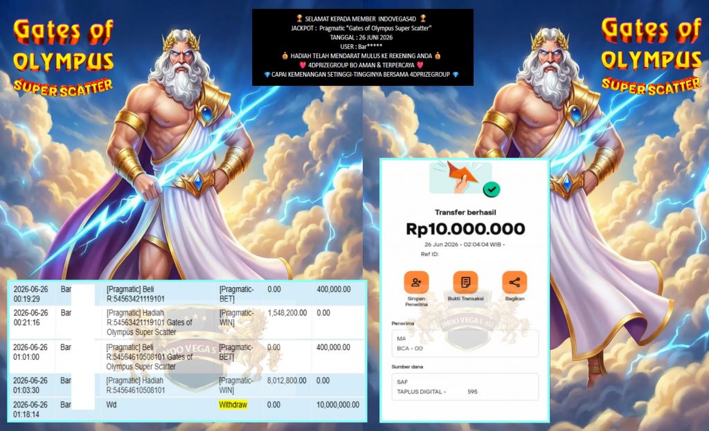 INDOVEGAS4D JACKPOT Pragmatic “Gates of Olympus Super Scatter” Rp10.000.000,- LUNAS