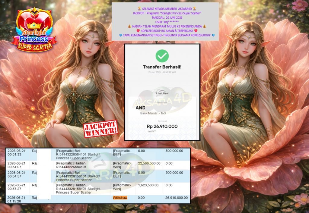 AKSARA4D JACKPOT Pragmatic βStarlight Princess Super Scatterβ Rp26.910.000,- LUNAS