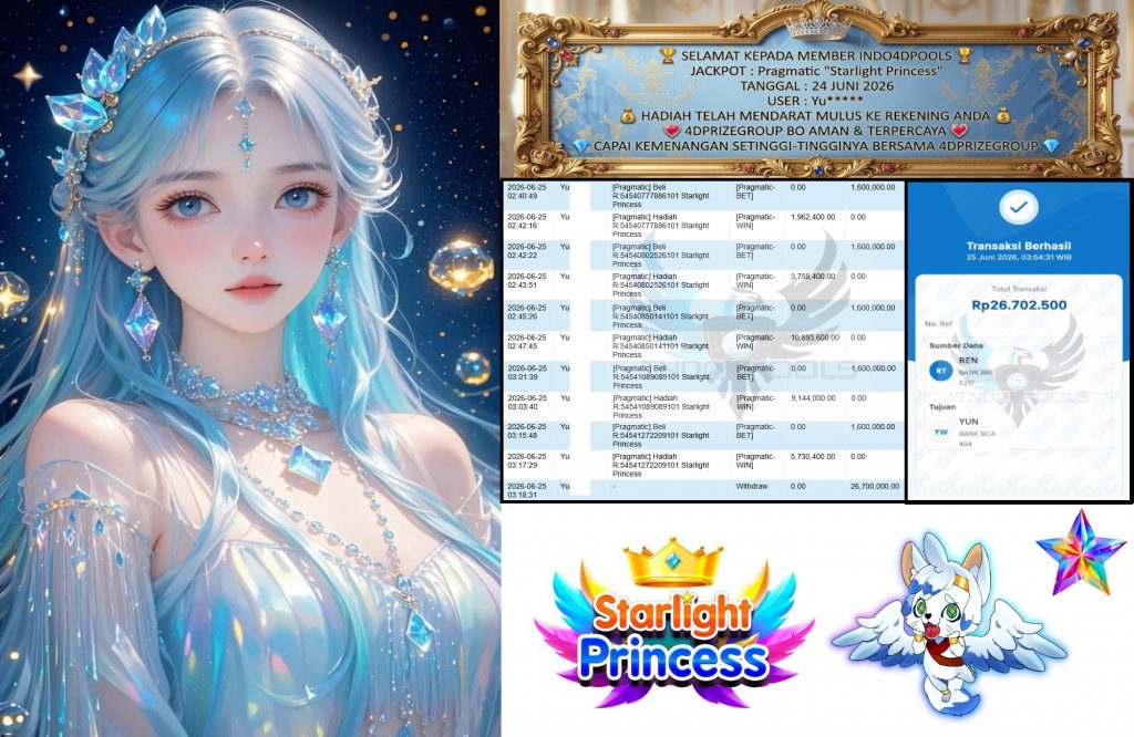 INDO4DPOOLS JACKPOT Pragmatic “Starlight Princess” Rp26.700.000,- LUNAS