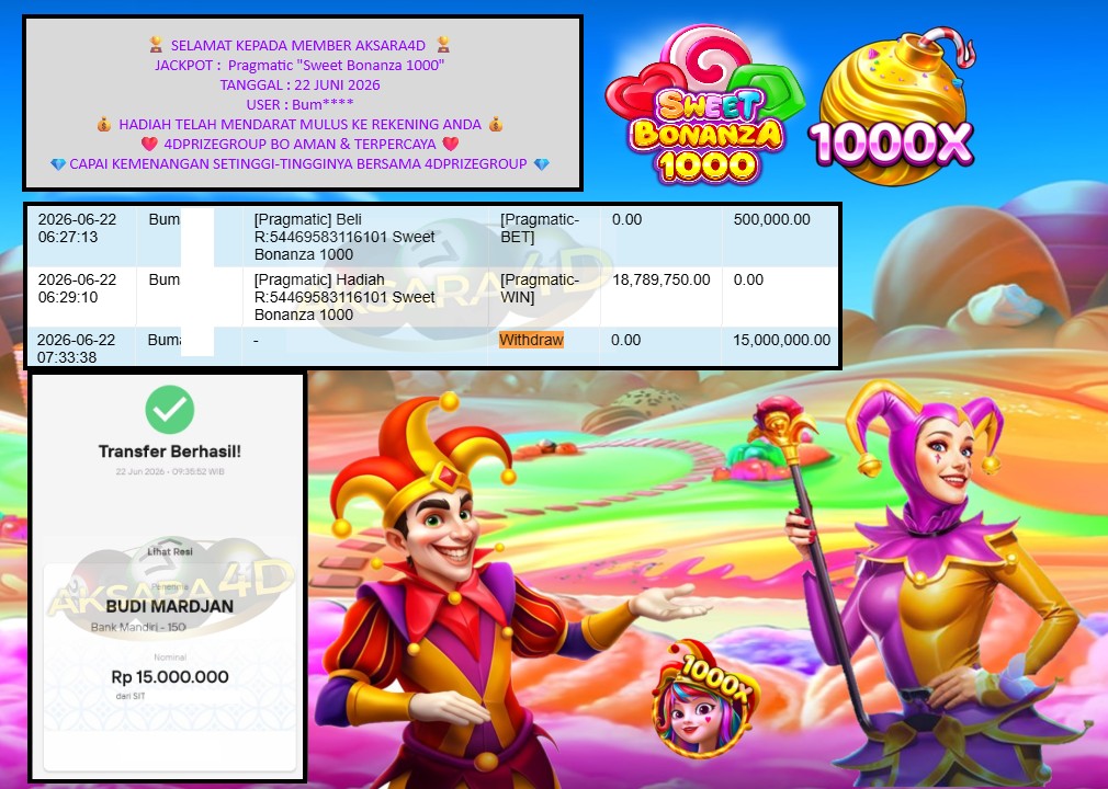 AKSARA4D JACKPOT Pragmatic “Sweet Bonanza 1000” Rp15.000.000,- LUNAS
