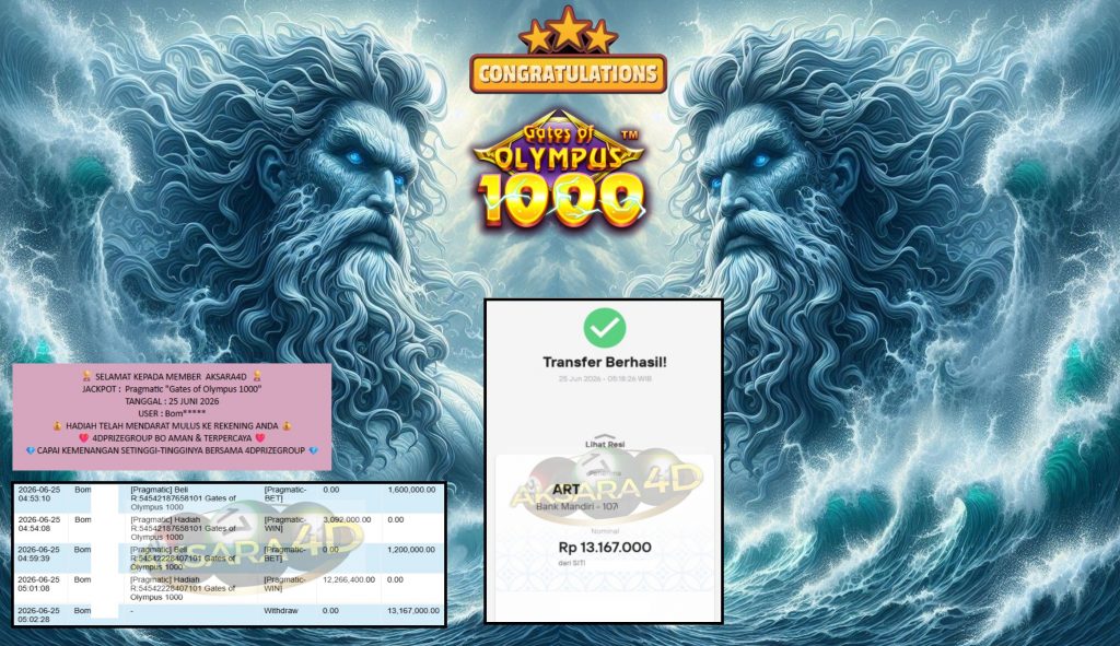 AKSARA4D JACKPOT Pragmatic “Gates of Olympus 1000” Rp13.167.000,- LUNAS