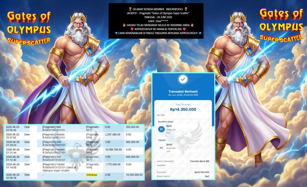INDO4DPOOLS JACKPOT Pragmatic “Gates of Olympus Super Scatter” Rp14.350.000,- LUNAS