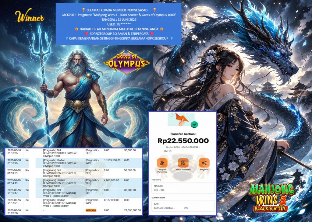INDOVEGAS4D JACKPOT PRAGMATIC “Mahjong Wins 3 – Black Scatter & Gates of Olympus 1000″‎‏‏‎‎ Rp22.550.000,- LUNAS
