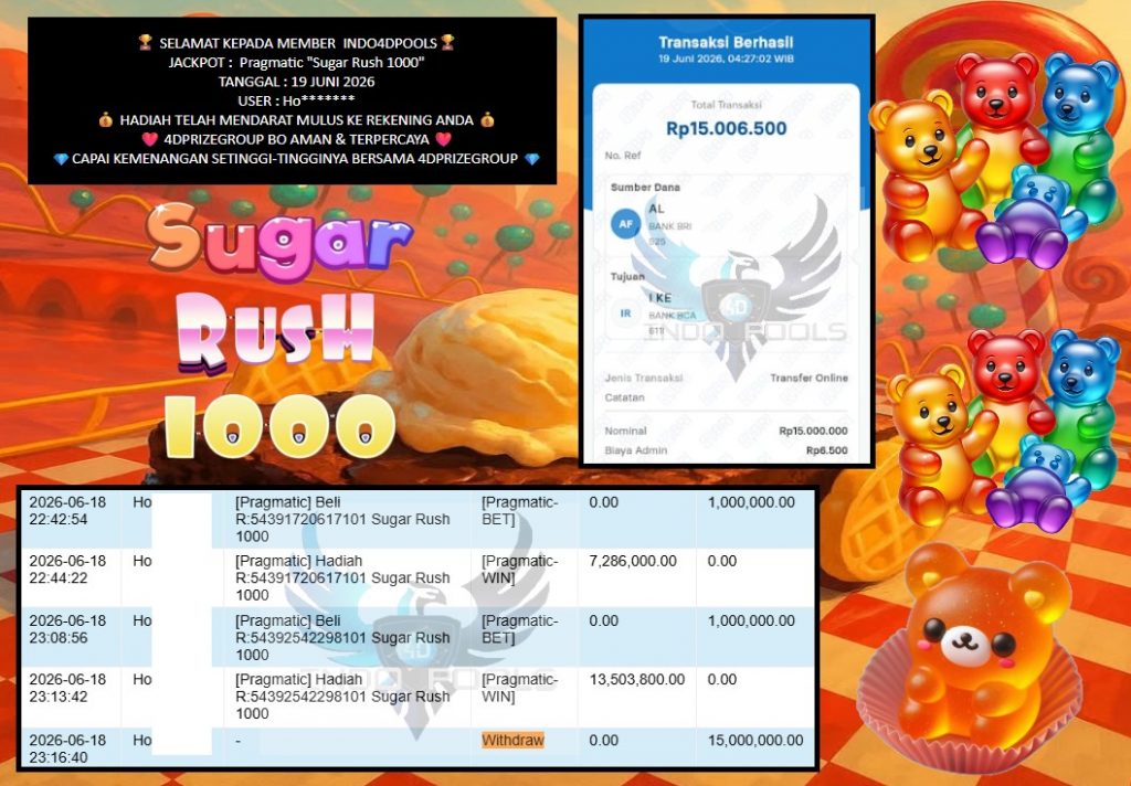 INDO4DPOOLS JACKPOT Pragmatic βSugar Rush 1000β Rp15.000.000,- LUNAS