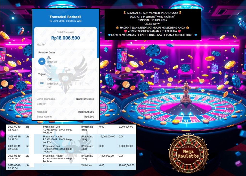 INDO4DPOOLS JACKPOT Pragmatic βMega Rouletteβ Rp18.000.000,- LUNAS
