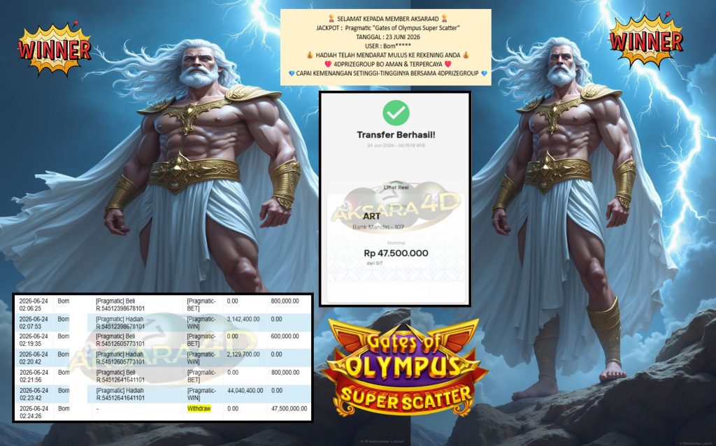 AKSARA4D JACKPOT Pragmatic “Gates of Olympus Super Scatter” Rp47.500.000,- LUNAS
