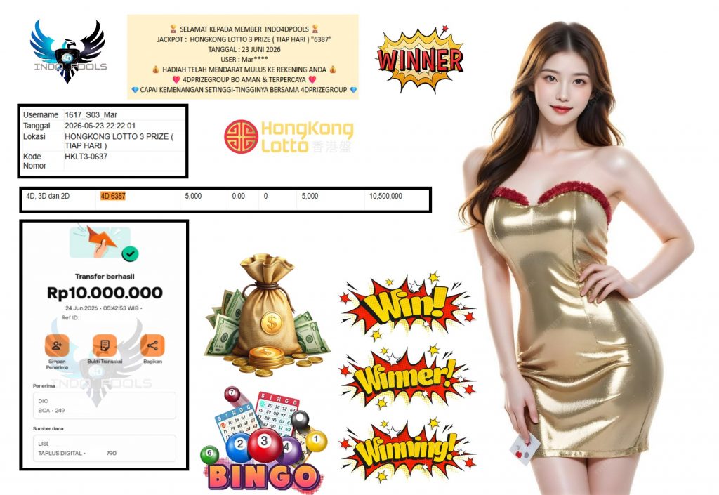 INDO4DPOOLS JACKPOT HONGKONG LOTTO 3 PRIZE ( TIAP HARI ) “6387” Rp10.000.000,- LUNAS
