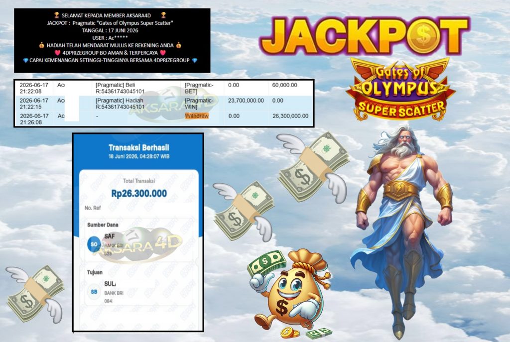 AKSARA4D JACKPOT Pragmatic βGates of Olympus Super Scatterβ Rp26.300.000,- LUNAS