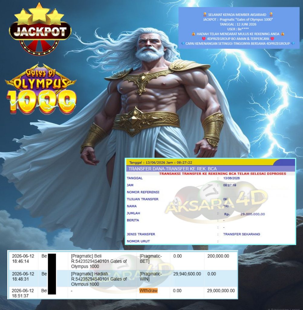 AKSARA4D JACKPOT Pragmatic βGates of Olympus 1000β Rp29.000.000,- LUNAS