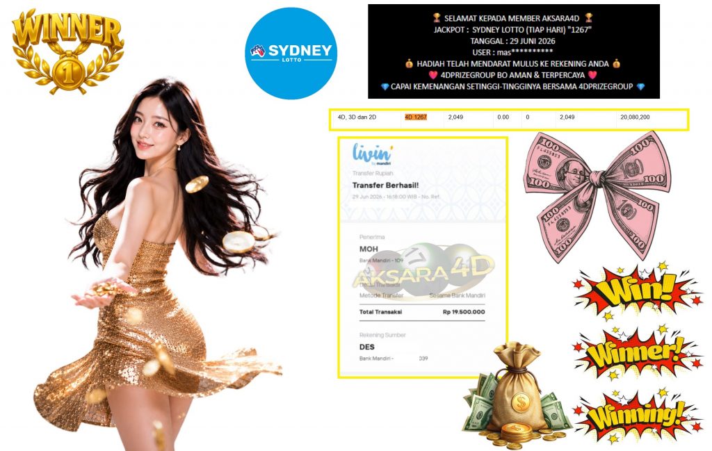 AKSARA4D JACKPOT SYDNEY LOTTO (TIAP HARI) “1267” Rp19.500.000,- LUNAS