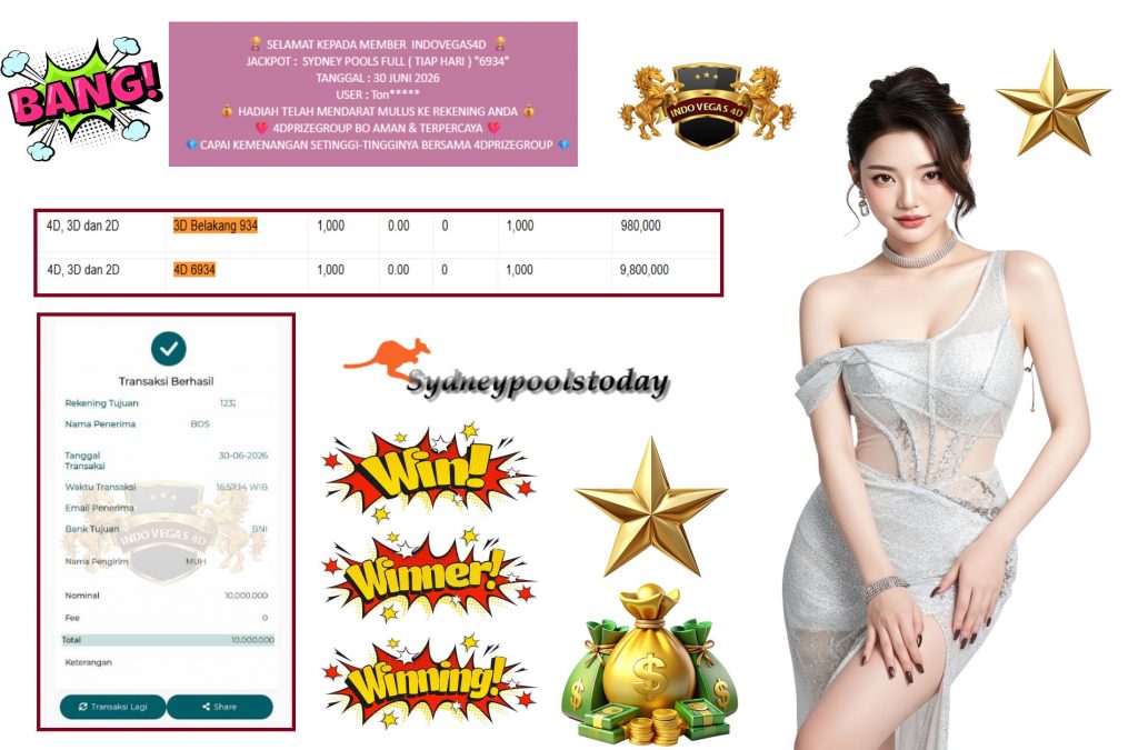 INDOVEGAS4D JACKPOT SYDNEY POOLS FULL ( TIAP HARI ) “6934” Rp10.000.000,- LUNAS