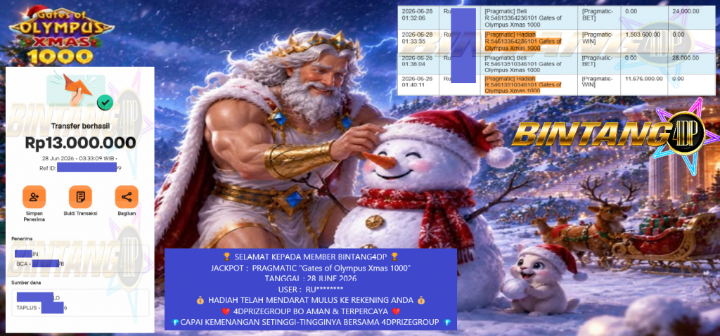 BINTANG4DP JACKPOT PRAGMATIC ” Gates of Olympus Xmas 1000 ” Rp 13,000,000,- LUNAS
