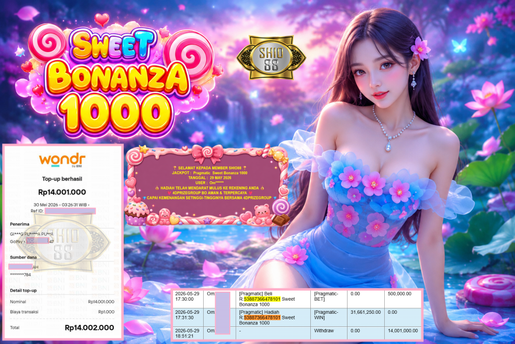 SHIO88 JACKPOT PRAGMATIC ” Sweet Bonanza 1000 ” Rp 14.001.000,- LUNAS