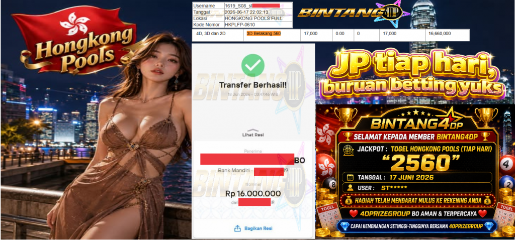 BINTANG4DP JACKPOT TOGEL HONGKONG POOLS (TIAP HARI) “2560” Rp16.000.000,- LUNAS
