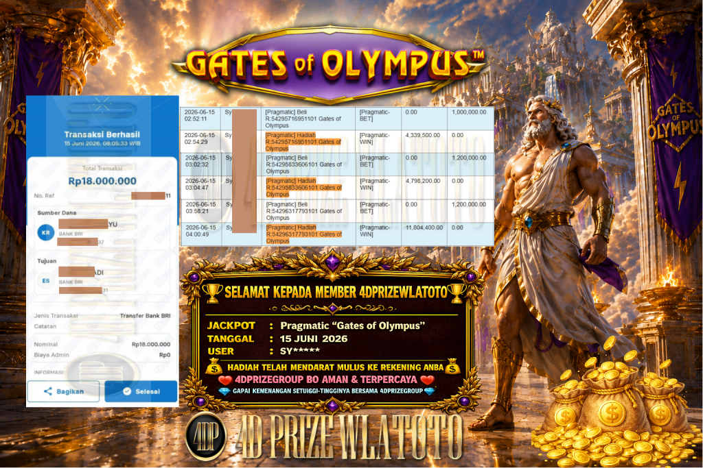 4DPRIZEWLATOTO JACKPOT PRAGMATIC “Gates of Olympus” Rp18.000.000,- LUNAS