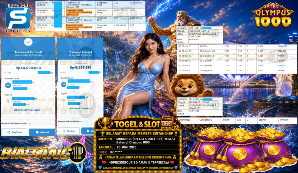 BINTANG4DP JACKPOT SINGAPORE (SELASA & JUMAT OFF) β9954β & βGates of Olympus 1000β Rp88.888.000,- LUNAS