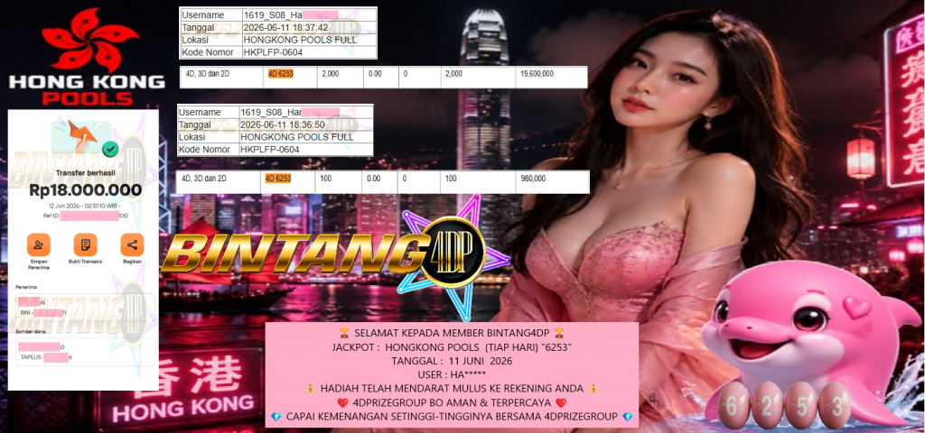 BINTANG4DP JACKPOT HONGKONG POOLS (TIAP HARI) “6253” Rp18.000.000,- LUNAS