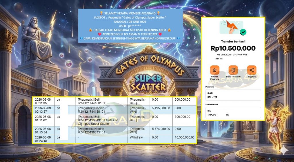 AKSARA4D JACKPOT Pragmatic “Gates of Olympus Super Scatter” Rp10.500.000,- LUNAS